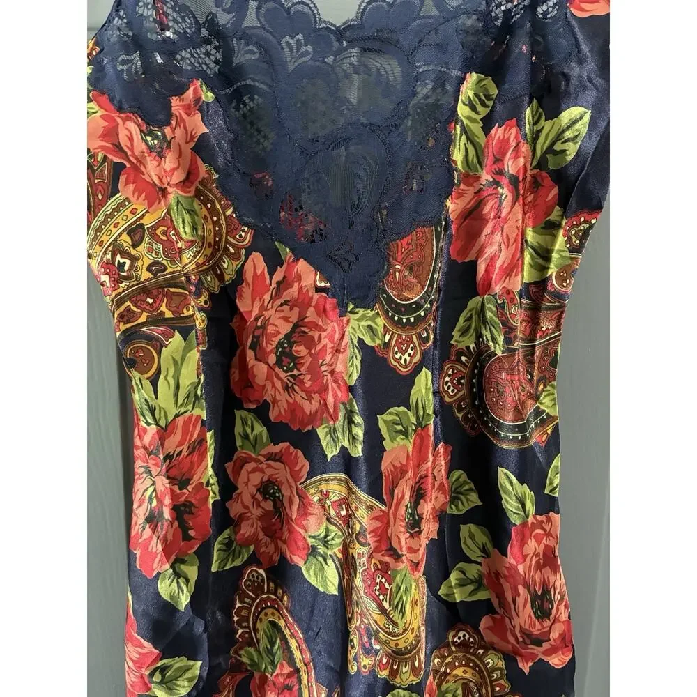 Vtg Victorias Secret Liquid Satin Chemise Slip Small Floral Gold Label Glossy